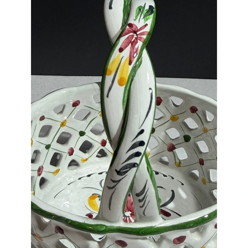 Vintage Hand Painted Portugal Ceramic Reticulated Lattice Floral Basket 406D